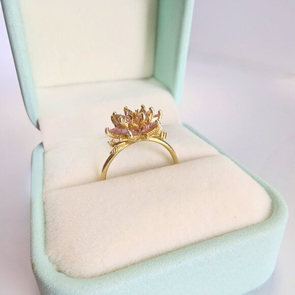 Gold-plated Sterling Silver Lotus Flower Pink Quartz US SZ 7 - Picture 6 of 8